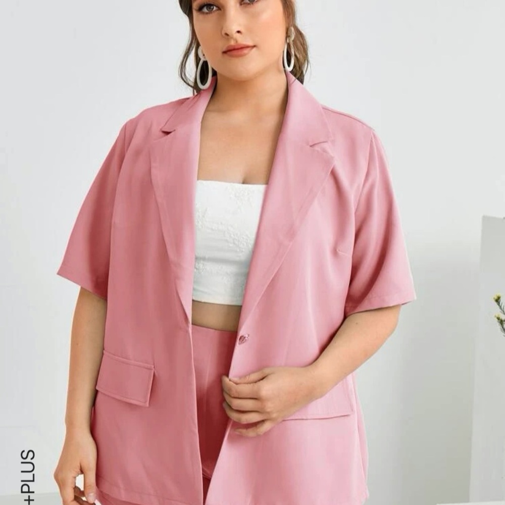 Plus Solid Lapel Neck Single Button Blazer & Shor… - image 2
